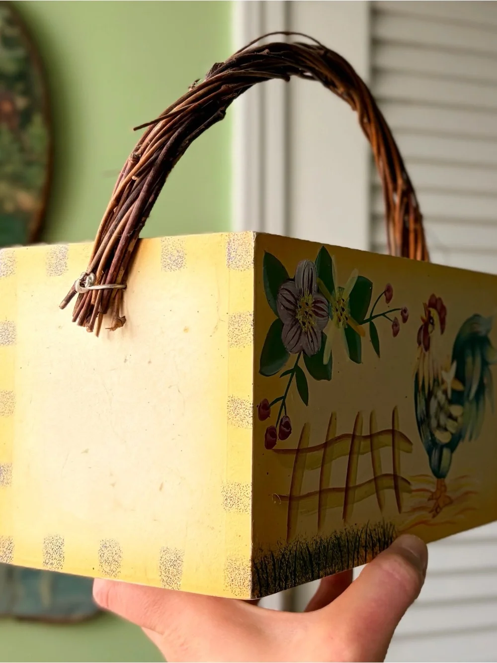 Vintage Hand-Painted Rooster Rectangular Storage Bin Basket Eith Woven Handle